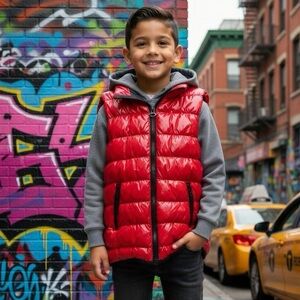 Appaman Red Black Shiny Puffer Vest Jacket Grey Hood 2 Pockets Bright Urban
